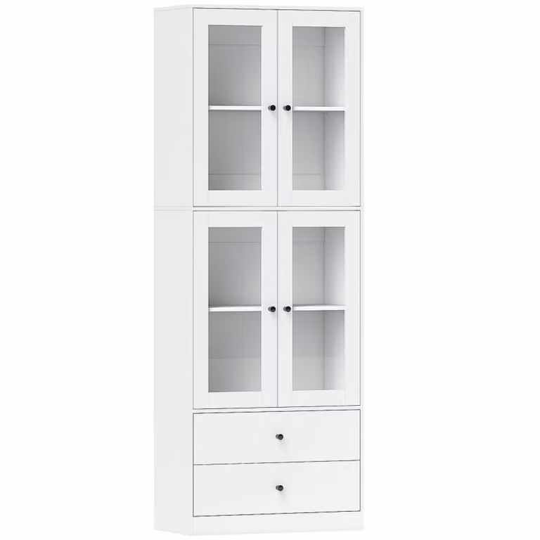 HOMCOM Keukenkast Buffetkast met glazen deuren en lades, Wit, B: 59 cm, D: 30 cm, H: 170 cm