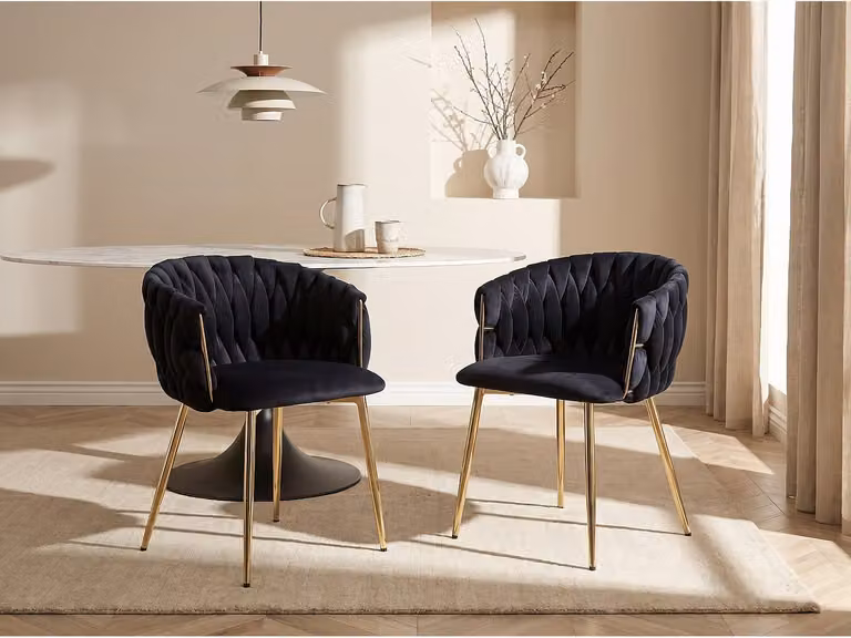 Set van 2 ELEGANO stoelen met armleuningen in zwart fluweel en goudkleurig metaal
