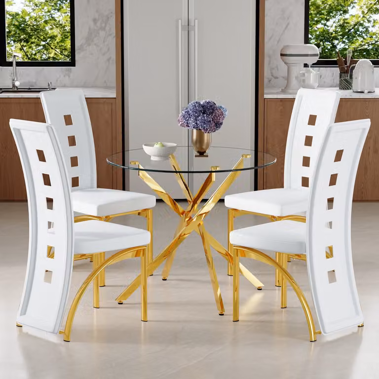 MIVRAY Eettafelset met ronde tafel en 4 stoelen - Wit - Gehard glas en metaal