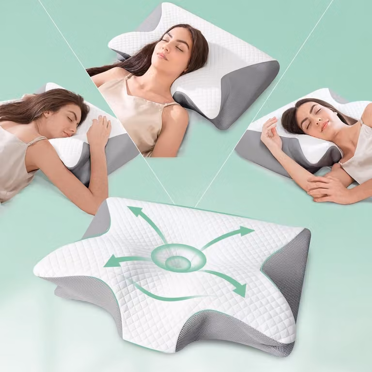 Ergonomisch nek kussen van memory foam met verwijderbare hoes voor rug-, zij- en buikslapers, B/D/H: 60 x 40 x 12/14 cm
