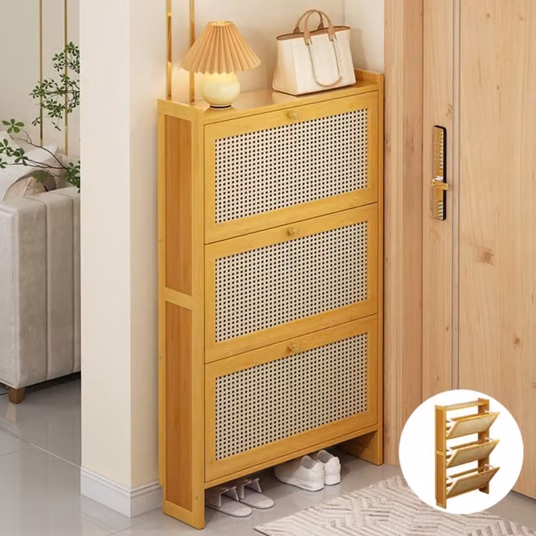 Schoenenkast van Rattan en Hout met Slank Ontwerp, Diepte: 17 cm