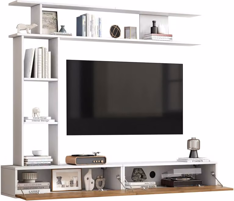 Muvano Tv Wandmeubel Set Wit en Houtkleur - Modern Design voor de Woonkamer - B/D/H: 180 x 35 x 22,5 cm