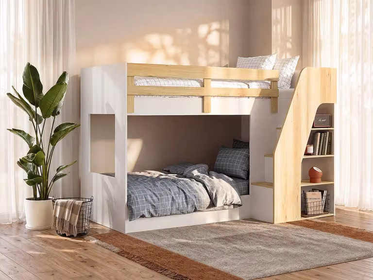 Narojas Hoogslaper voor kinderen met opbergruimte en matras, Wit en Beige, B/D/H: 90 x 190 x 143,3 cm