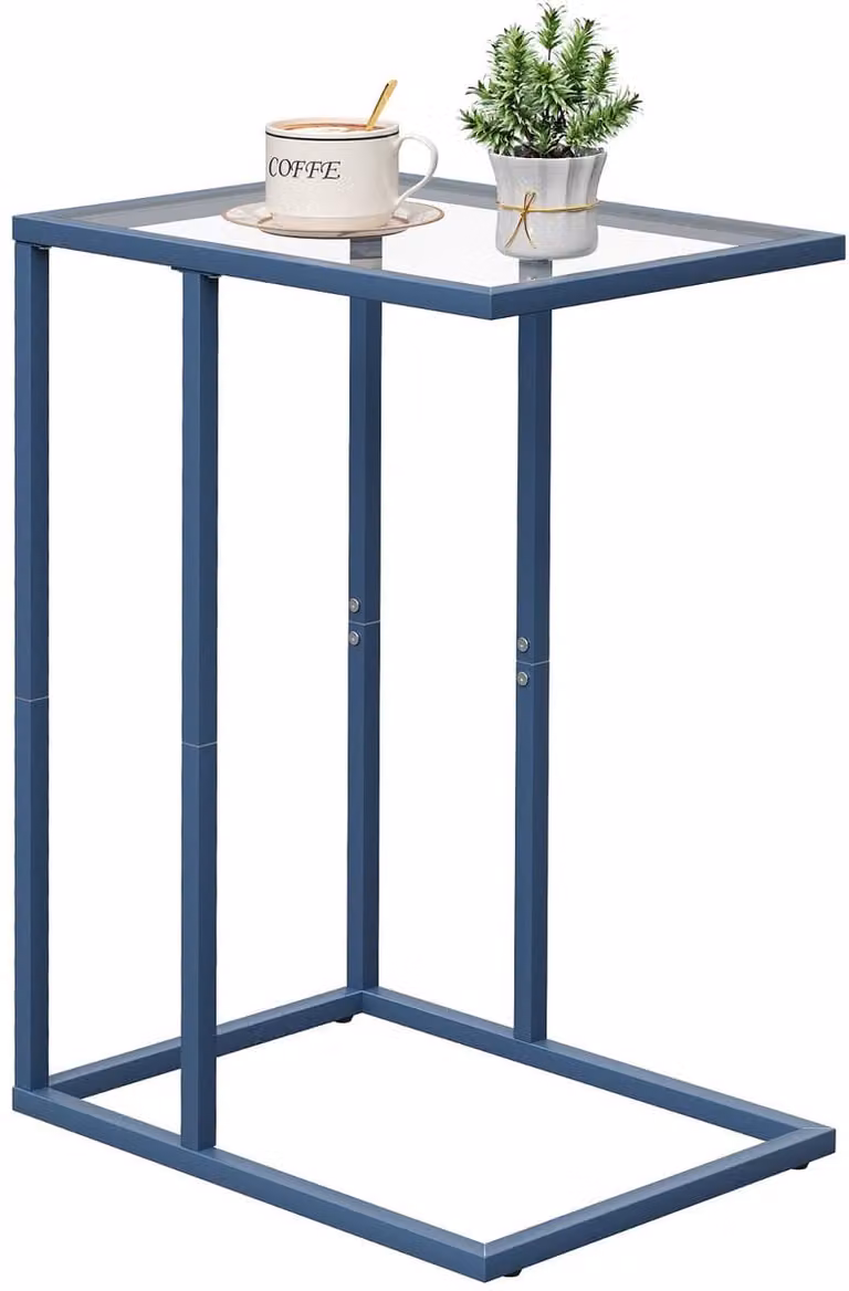 Unyqoos Stijlvolle en Functionele C-vormige Bijzettafel van Glas in Blauwe Tint