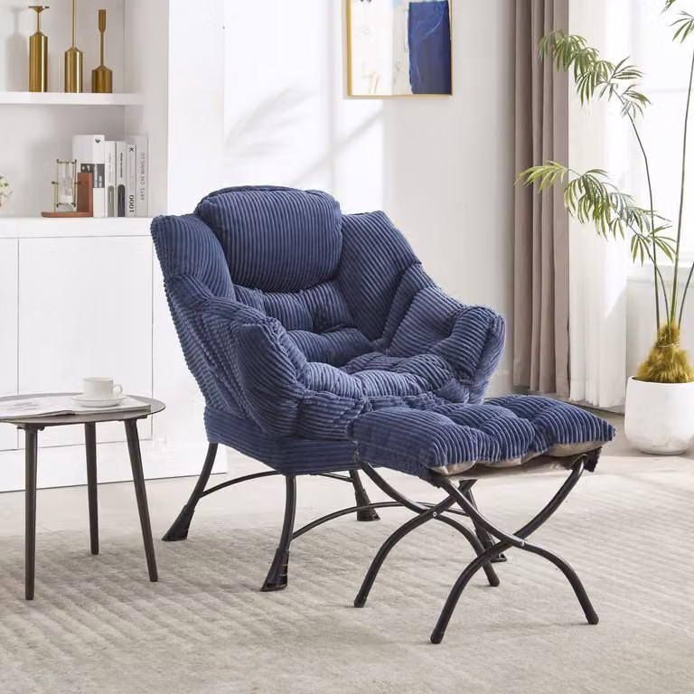 MIVRAY Loungestoel met hocker en zijvak - Marineblauw - Staal en Flanel - B/D/H: 70 x 64 x 95 cm