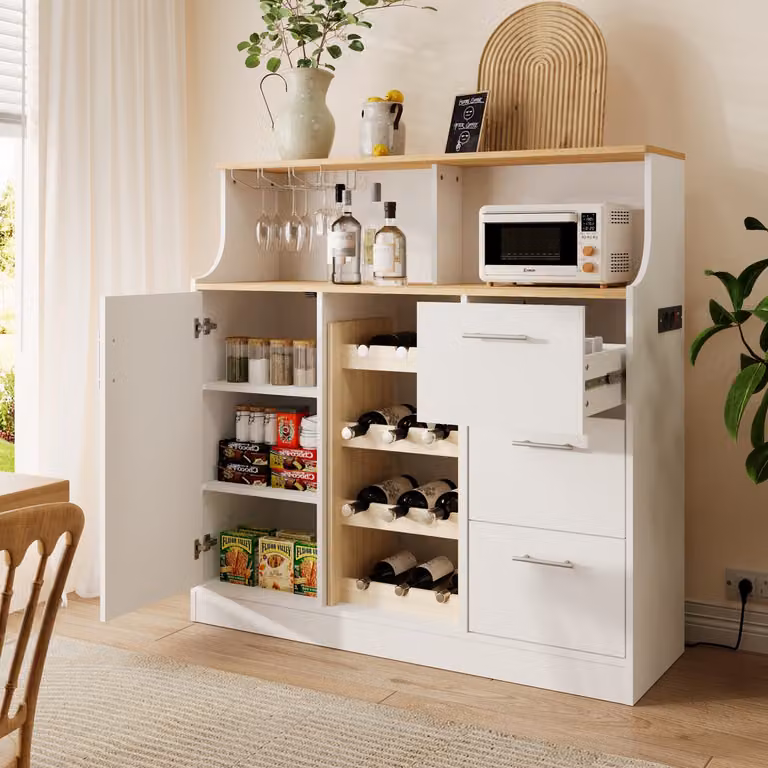 Mivray Dressoir met Wijnrek en Verlichting in Wit en Natuurlijk MDF, B/D/H: 120 x 40 x 121 cm