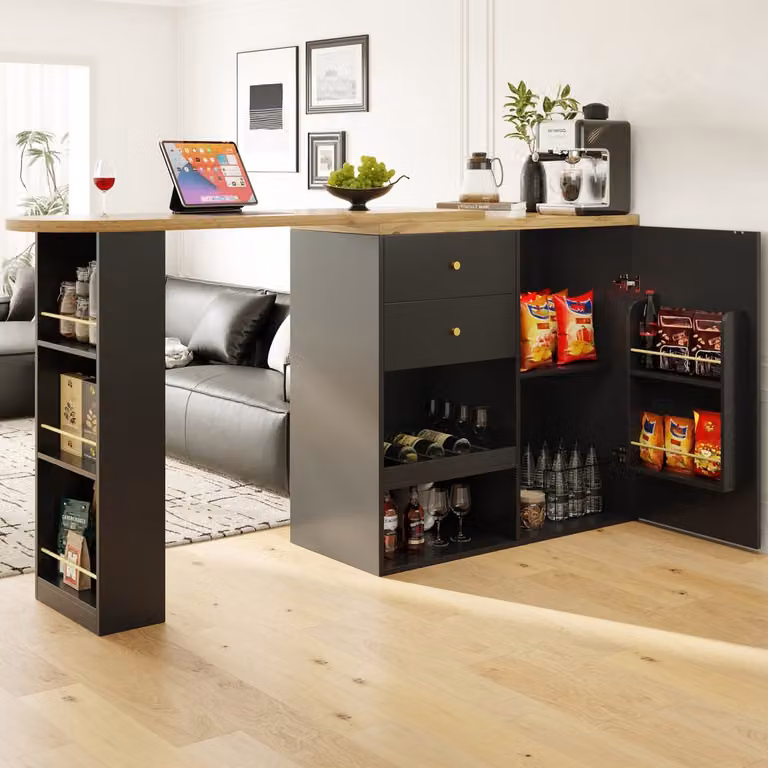 DESMIU Bartafel met draaibaar ontwerp, 2 lades en open opbergruimte, Zwart, B/D/H: 138 x 39 x 104 cm
