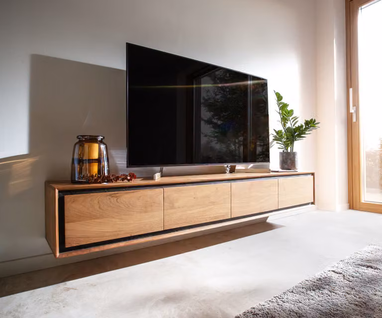 DELIFE Stonegrace Tv-meubel met 4 deuren, Acacia en Steen fineer, Bruin/Wit, Breedte: 200 cm, Diepte: 35 cm, Hoogte: 30 cm
