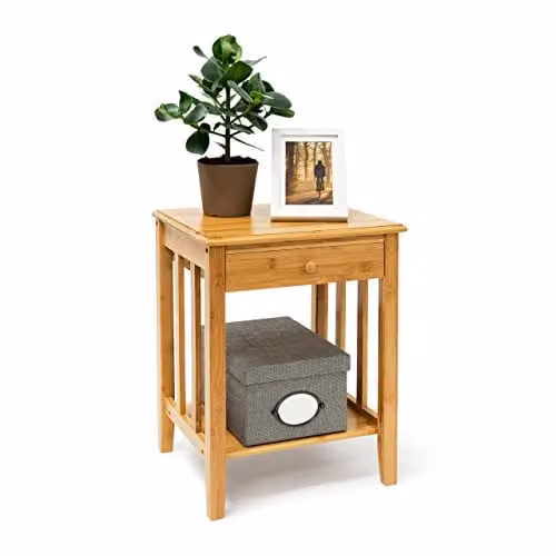 Relaxdays Bijzettafel van Bamboe met Lade, Bruin/Beige, H x B x D: 51,5 x 40,5 x 30,5 cm