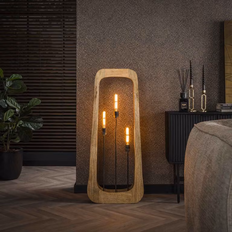 WoonStijl Vloerlamp Bray met 3 lichtpunten, Bruin/Hout, Hoogte: 120 cm