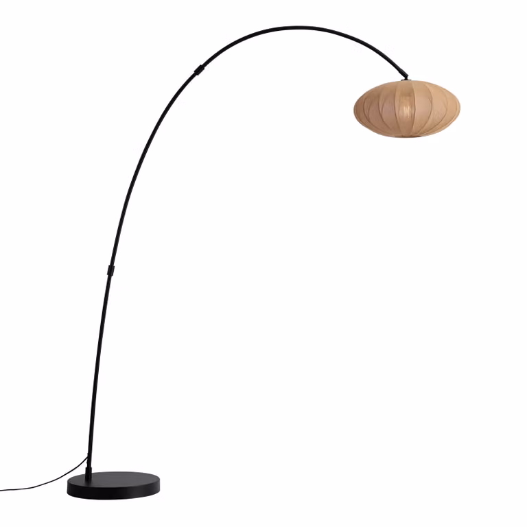 Qazqa Scandinavische booglamp zwart met bruine stoffen kap