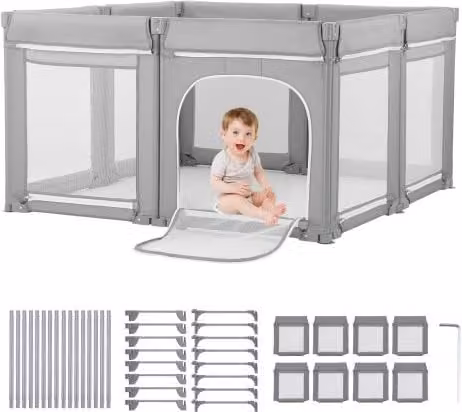 VEVOR Babybox, Grijs, Opvouwbare Peuterbox met Ritsdeur en Ademend Gaas, B: 207 cm, D: 185 cm, H: 69,5 cm
