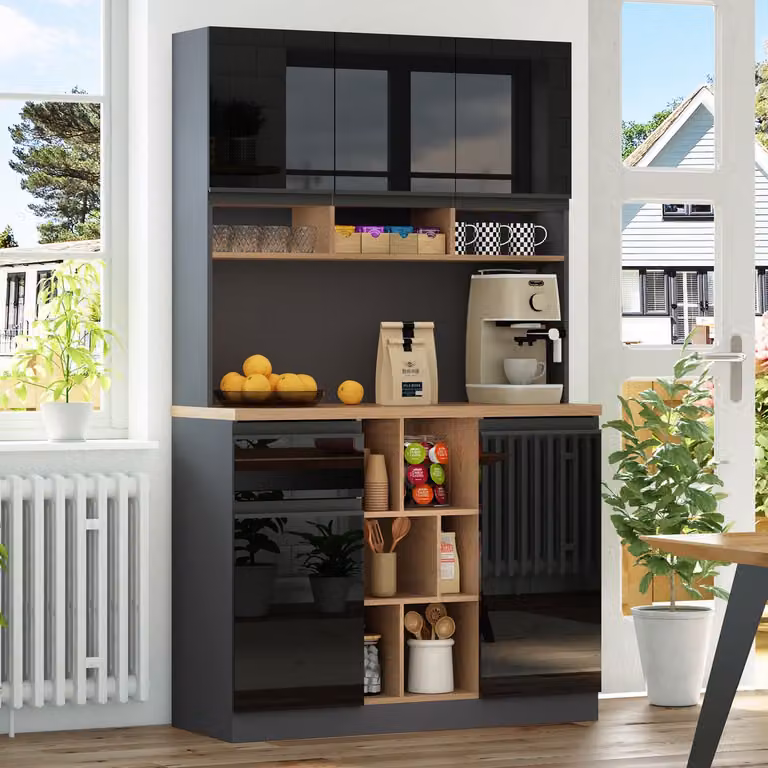 HAUSS SPOLE Keukenkast - Hoogkast met Verstelbare Planken, Lade en Kantelbeveiliging - Hoogglans Zwart - MDF - B/D/H: 105 x 45 x 185 cm