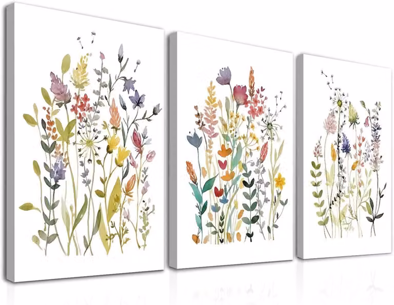 Set van ingelijste aquarel bloemen wanddecoratie - Kleurrijke botanische canvas prints voor slaapkamer en woonkamer - 30 x 40 cm