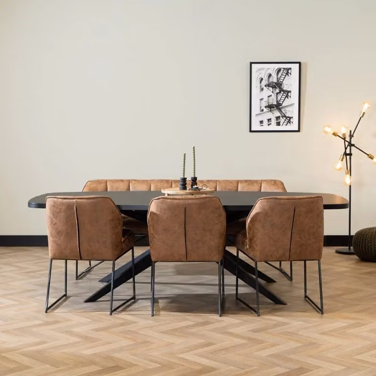 Industriële eetkamerstoel Abel cognac met faux leather en metalen onderstel