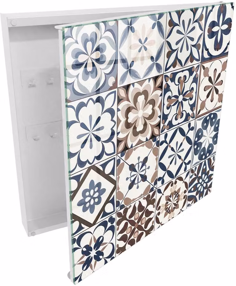 Tulup Sleutelkast Arabesk Mozaïek - Bruin - B/D/H: 30 x 30 x 5 cm - Rechtsopenend met 50 haken en wit interieur