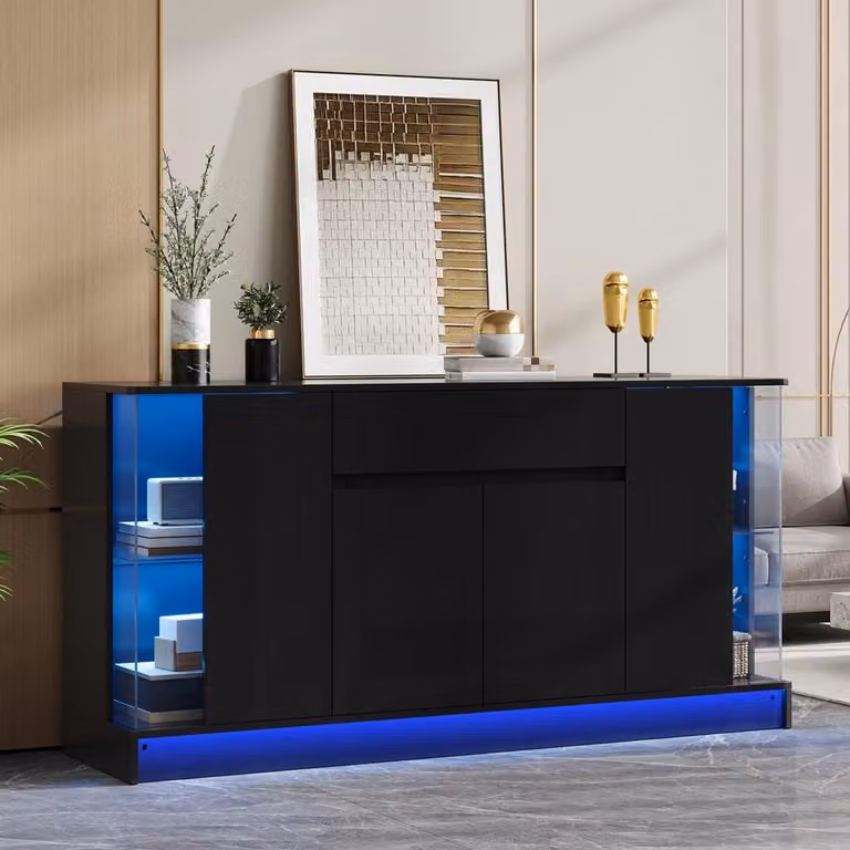 Pugsdrly Sideboard met glazen vitrine, lade en dubbele deur, hoogglans afwerking en app-gestuurde LED-verlichting, Breedte: 150 cm, Hoogte: 75 cm, Diepte: 40 cm