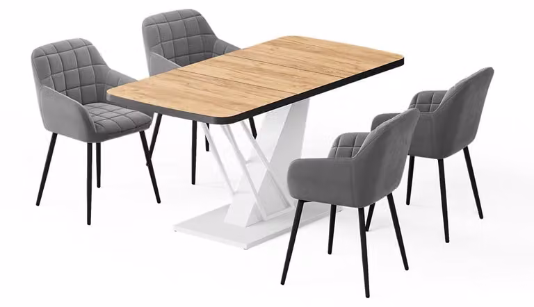Vicco Fenaro Eettafelset met 4 eetkamerstoelen, Goudkleurig Eiken/Wit, B: 120 cm, D: 80 cm, H: 76 cm