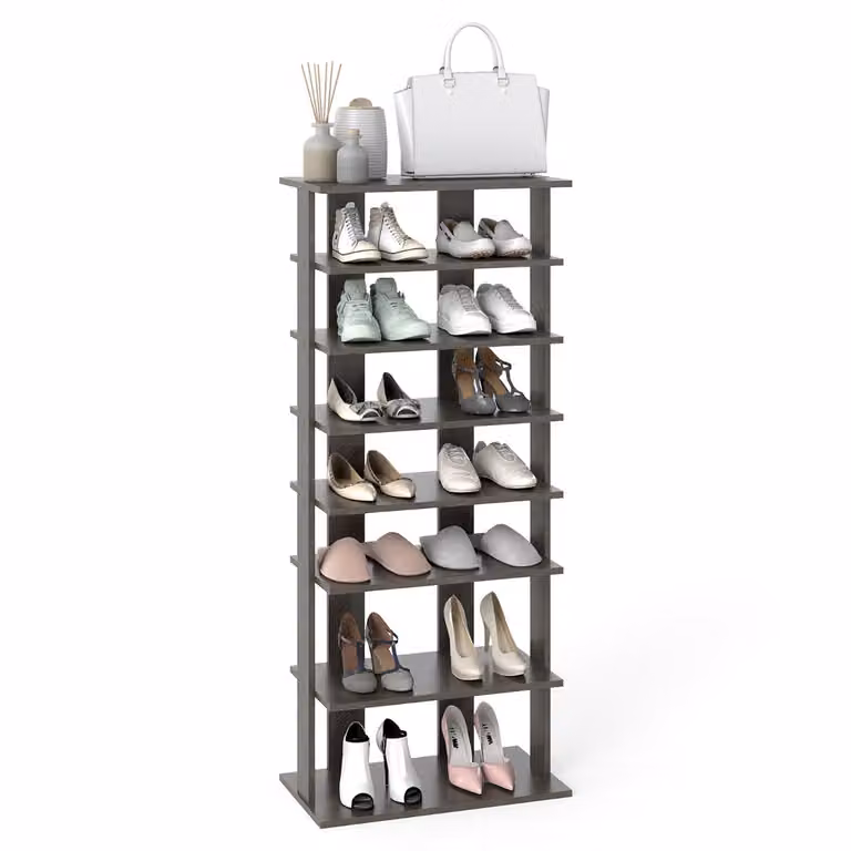 Costway Dubbel Rij Schoenrek met 7 Niveaus, Verticale Houten Schoenorganizer, Rustiek Grijs, H 110 x B 47 x D 25,5 cm