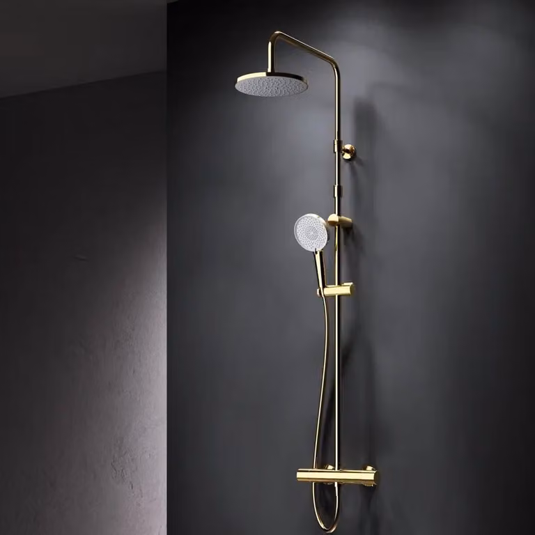 AM.PM Douchesysteem met thermostaat en regendouche in goud, inclusief verstelbare douchestang en handdouche