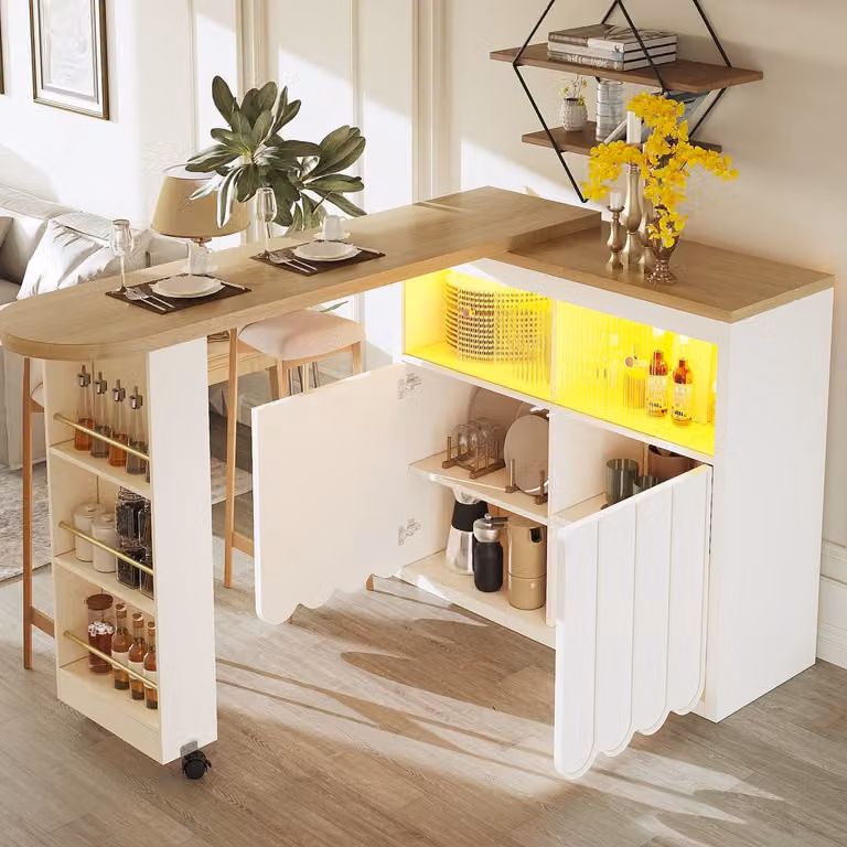 Clruro Bartafel Wit - Uitschuifbaar met LED en Gestreepte Deuren - B/D/H: 135-205 x 39 x 100 cm