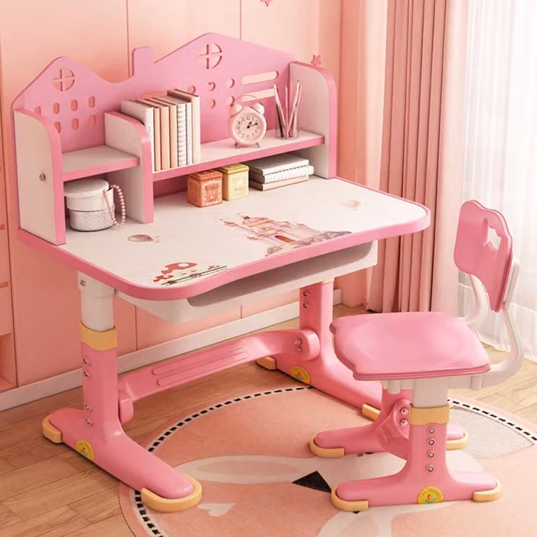 Kinderbureau set met stoel, roze cartoon, in hoogte verstelbaar
