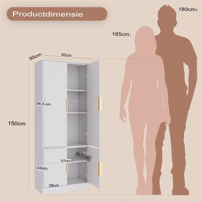 UEV Multifunctionele 4-deurs hoge kast met verstelbare planken, wit, B: 60 cm, D: 30 cm, H: 150 cm