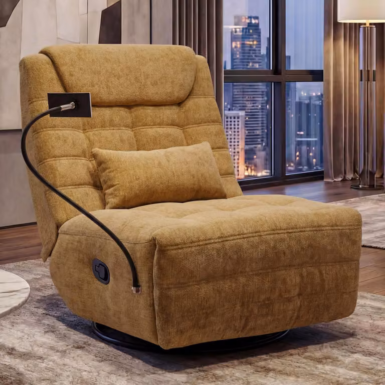 Mendler Relaxfauteuil HWC-P92, draaibare tv-fauteuil met kantelfunctie en telefoonhouder, geel chenille stof