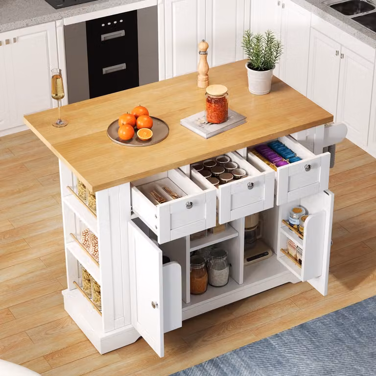 HAUSS SPOLE Mobiele Keukenwagen met Uitklapbaar Werkblad, 3 Laden en 2 Deuren, Wit/Naturel, B/D/H: 132 x 40 x 87 cm