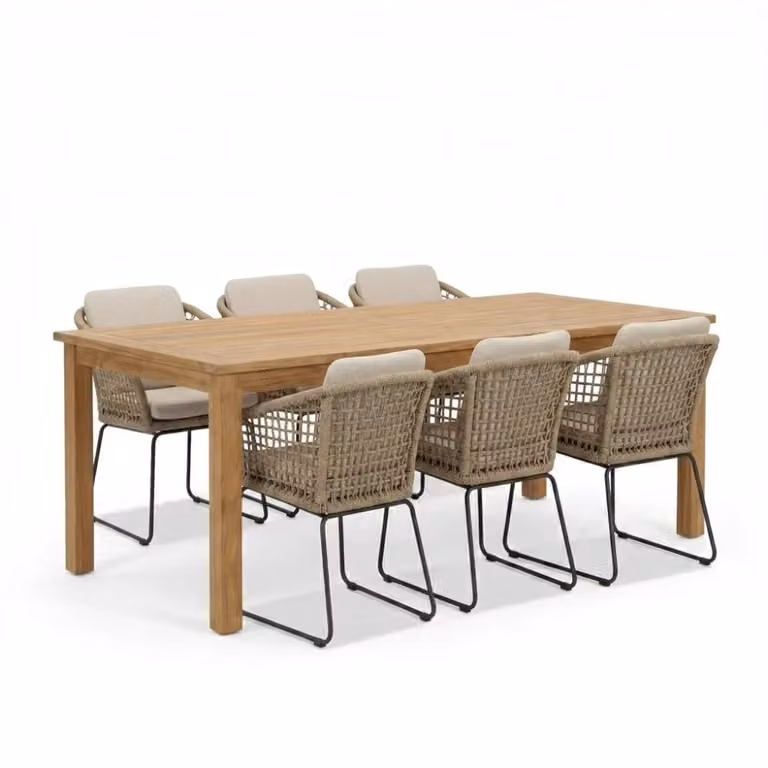 Singapore/Tulum Sahara Dust eettafelset voor 6 personen van teakhout en touw, Breedte: 200 cm