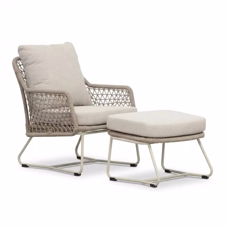 Gianna loungestoel voor in de tuin inclusief voetenbank, touw en aluminium, Almond Beige