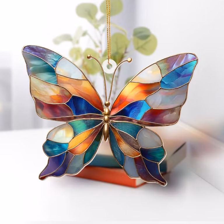 SNQ Gebrandschilderd Vlinder Ornament - Kleurrijke Hangende Zonnevanger van Acryl voor Raamdecoratie