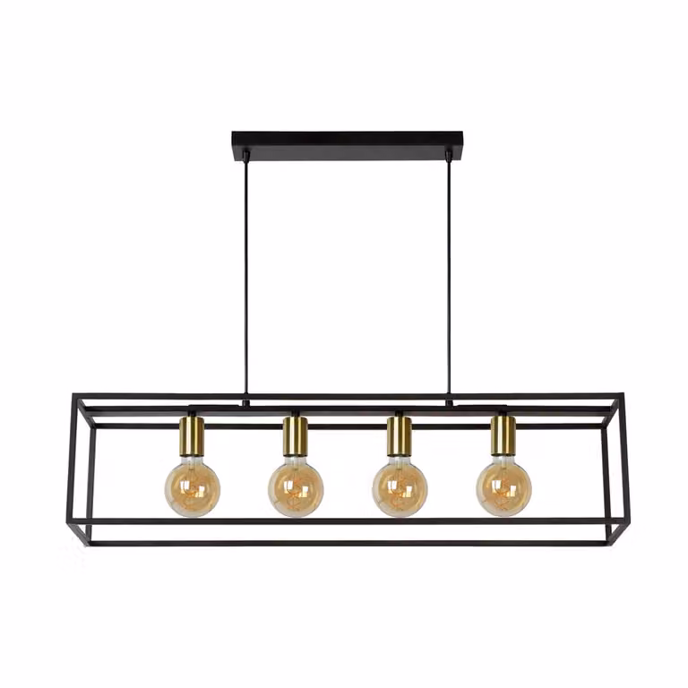 Lucide Hanglamp Ruben 4-lichts zwart en goud/messing met transparante glazen