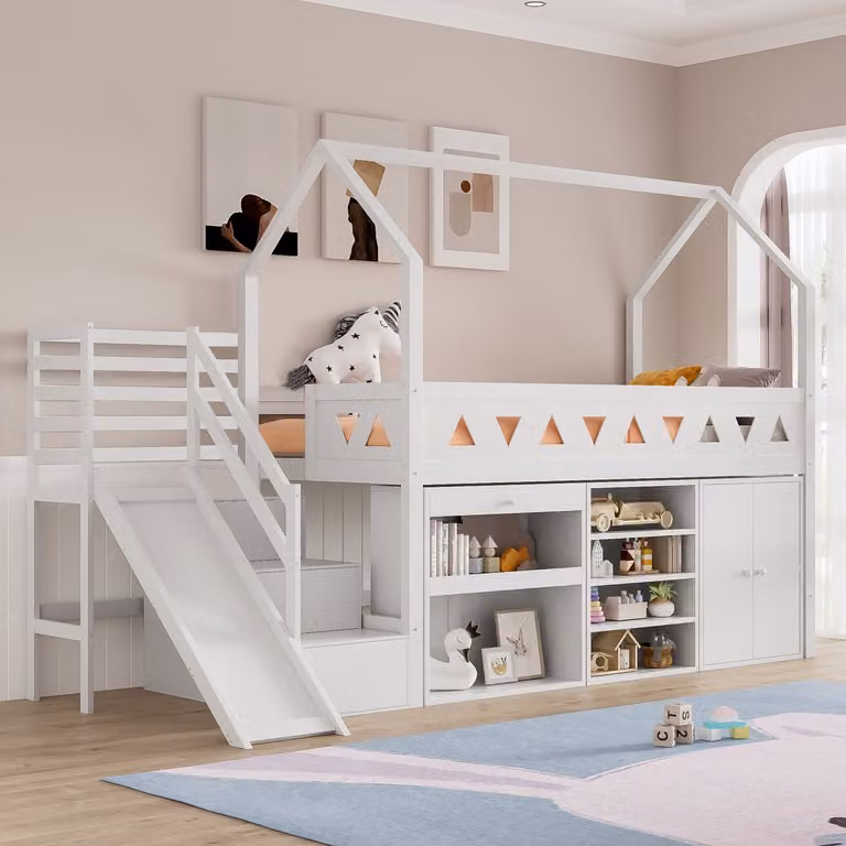Wit Kinderbed Hoogslaper met Glijbaan, Trap, Lades en Opbergkast - Eenpersoonsbed van Massief Hout en MDF - 90 x 200 cm