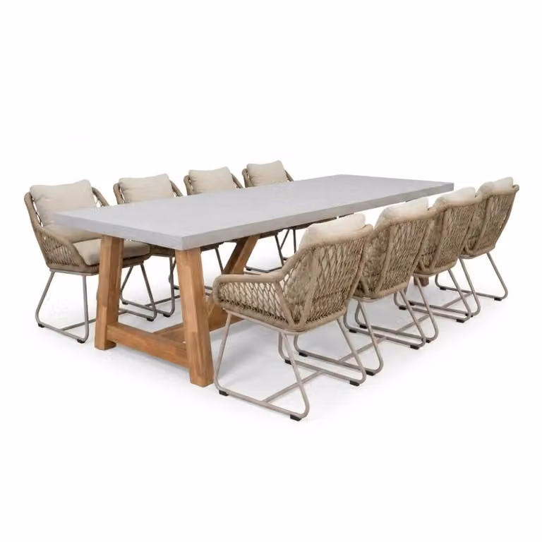 Veltis Portofino Sandstone eettafelset voor 8 personen van polystone en touw, 300 cm