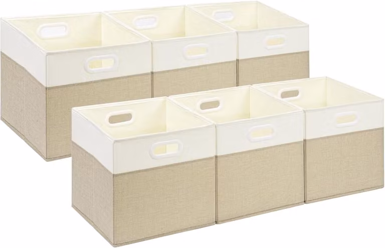 Set van 6 opvouwbare opbergmanden voor de kinderkamer met handvatten, lichtkaki/wit, B/D/H: 25 x 25 x 25 cm