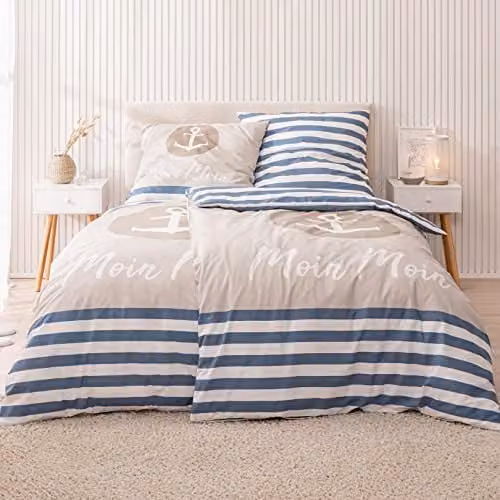 Anker Beddengoed Set Moin Moin 4-delig Maritiem, Dekbedovertrek 135 x 200 cm en Kussensloop 80 x 80 cm