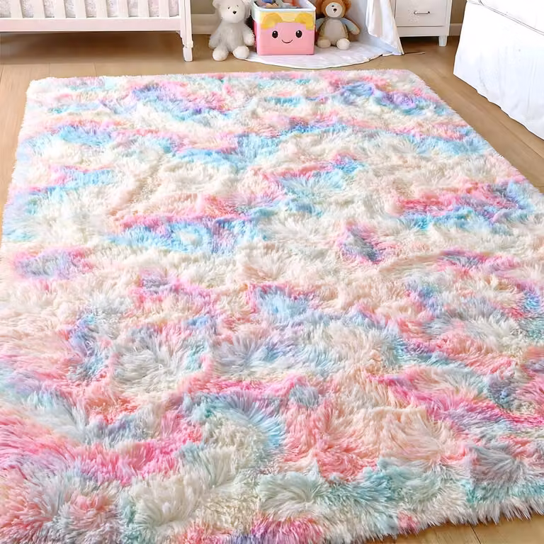 Hoogpolig Pluizig Tapijt voor Kinderkamer en Slaapkamer met Pastel Eenhoorn Tie-Dye Patroon