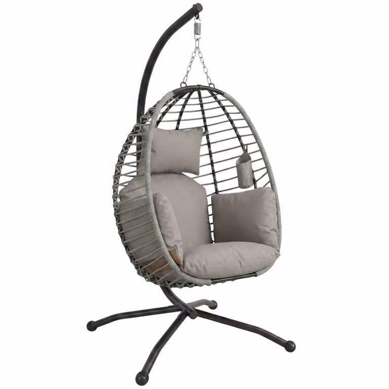 Outsunny Hangstoel met zit- en rugkussen, opvouwbare zitmand met bekerhouder en metalen frame, grijs
