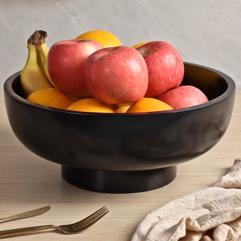 Houten Fruitkom van Natuurlijk Rubberhout in het Zwart - Decoratieve Kom met 30 cm Diameter