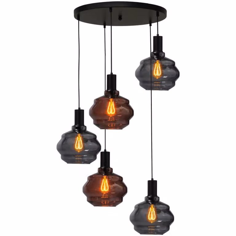 Masterlight Porto 5-lichts vide hanglamp - zwart - met transparante glazen bollen