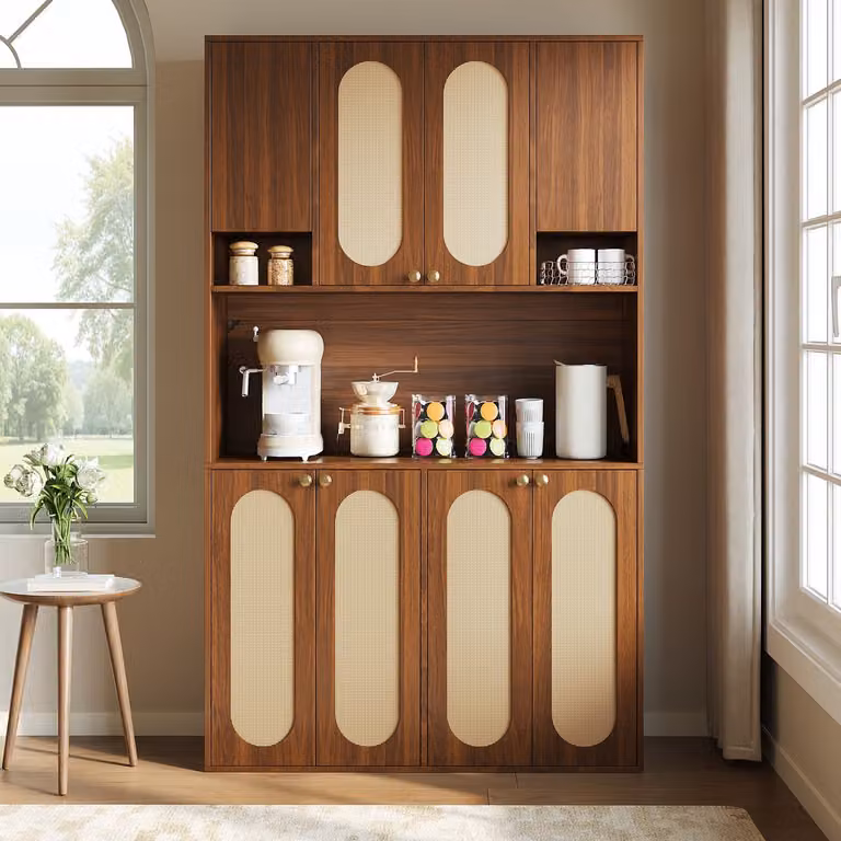 Modern Dressoir met LED-verlichting en Rattan Front in Natuurlijk Hout, Breedte: 178 cm, Hoogte: 106 cm, Diepte: 40 cm