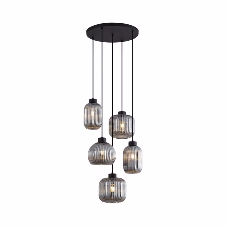 Qazqa Design hanglamp Ana met 5 grijze glazen bollen en zwart metalen frame