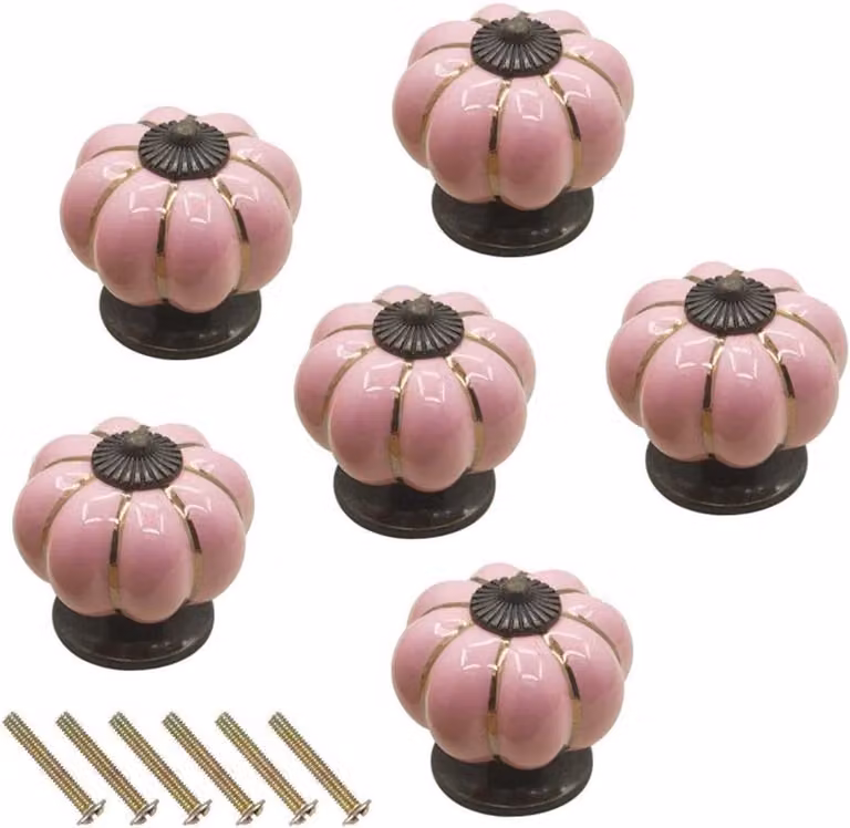 Set van 6 roze keramische kastknoppen in pompoenvorm voor het opknappen van meubels