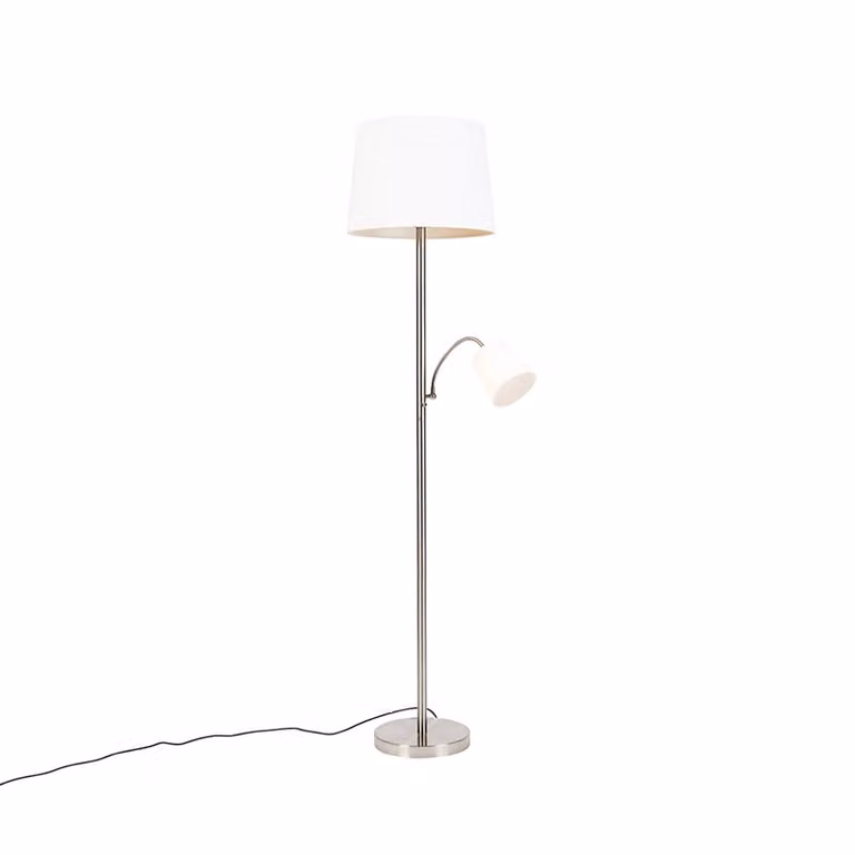 Qazqa Klassieke vloerlamp van metaal met witte stoffen kap en verstelbaar leeslampje, zilver en wit, Hoogte: 158 cm