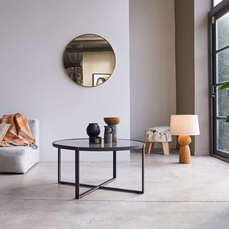 Tikamoon Moderne Ronde Salontafel met Marmeren Blad en Metalen Onderstel - Zwart - B: 92 cm, D: 92 cm, H: 45 cm