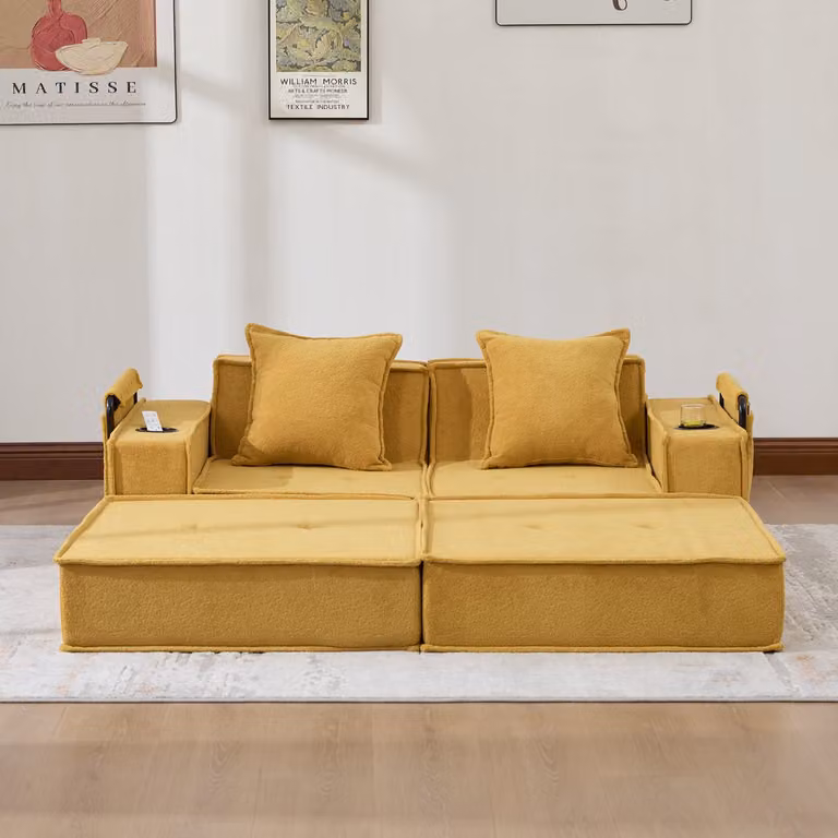 MODFU 2-Zits Scandinavische Bank met Zijvakken en 2 Kussens, Chenille, Mosterdgeel, B/D/H: 162 x 78 x 66 cm