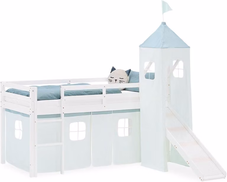Hoogslaper voor kinderen met glijbaan, toren en speelgordijn, wit grenenhout, 90 x 200 cm