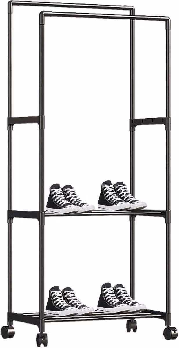 Zwart kledingrek met dubbele staven voor het organiseren van je garderobe, Hoogte: 11 cm