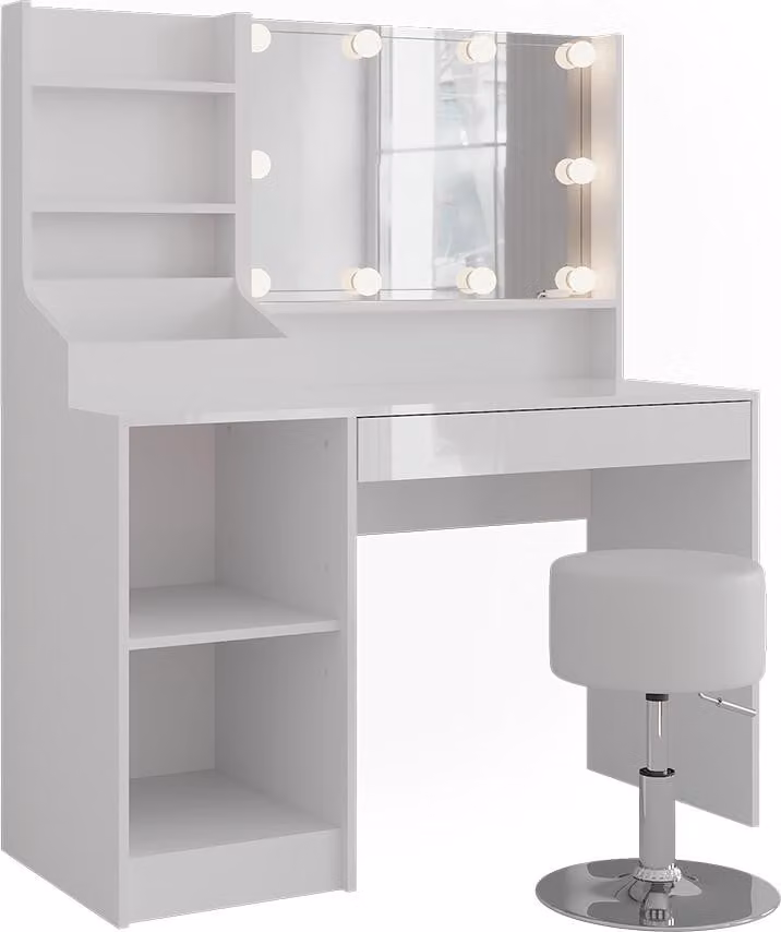 Vicco Kaptafel set met spiegel en kruk, Sherry Wit/Wit Hoogglans, Breedte: 119.8 cm